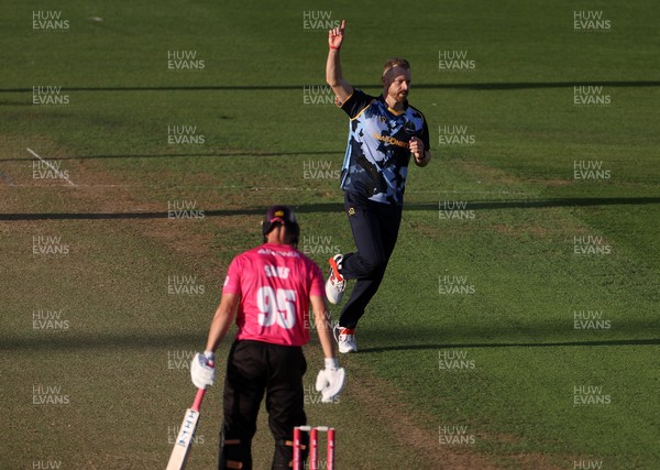 290526 - Glamorgan v Somerset - Vitality Blast - Nathan McAndrew of Glamorgan celebrates taking the wicket of Daniel Sams