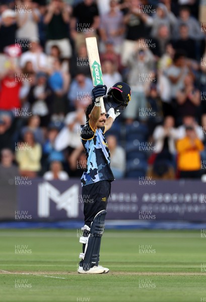 290526 - Glamorgan v Somerset - Vitality Blast - Kiran Carlson of Glamorgan celebrates scoring his century