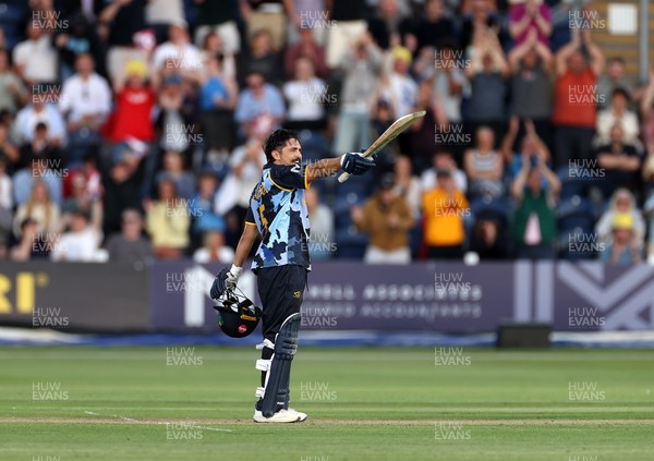 290526 - Glamorgan v Somerset - Vitality Blast - Kiran Carlson of Glamorgan celebrates scoring his century