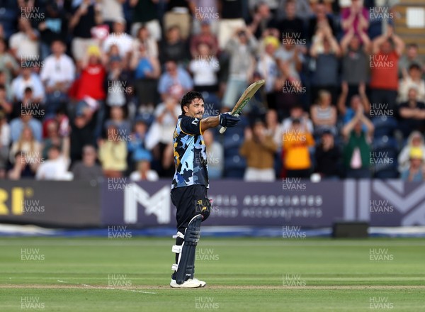 290526 - Glamorgan v Somerset - Vitality Blast - Kiran Carlson of Glamorgan celebrates scoring his century
