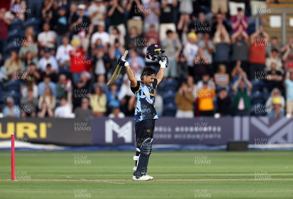 290526 - Glamorgan v Somerset - Vitality Blast - Kiran Carlson of Glamorgan celebrates scoring his century
