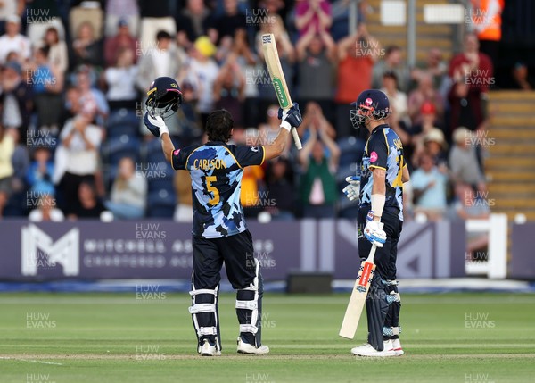290526 - Glamorgan v Somerset - Vitality Blast - Kiran Carlson of Glamorgan celebrates scoring his century