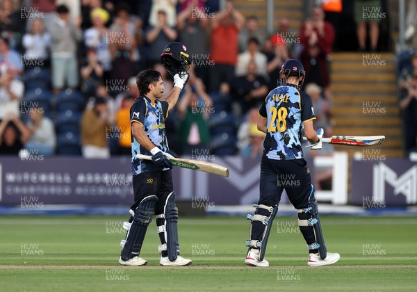 290526 - Glamorgan v Somerset - Vitality Blast - Kiran Carlson of Glamorgan celebrates scoring his century