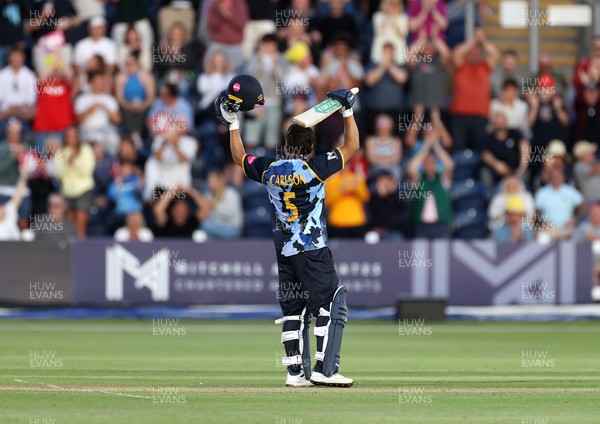 290526 - Glamorgan v Somerset - Vitality Blast - Kiran Carlson of Glamorgan celebrates scoring his century