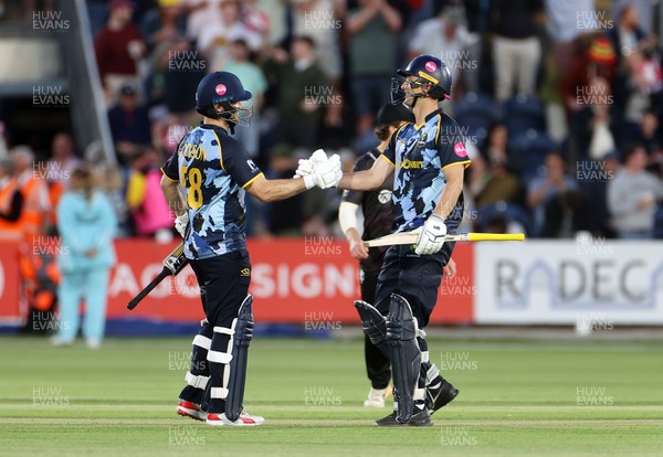 290526 - Glamorgan v Somerset - Vitality Blast - Jimmy Neesham and Henry Hurle of Glamorgan celebrate at the end of the match