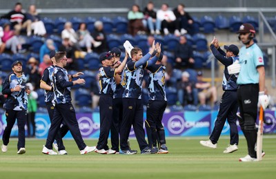 030625 - Glamorgan Cricket v Surrey - Vitality T20 Blast - Dan Douthwaite of Glamorgan celebrates after Ollie Pope was caught by Andy Gorvin