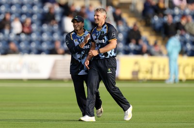 030625 - Glamorgan Cricket v Surrey - Vitality T20 Blast - Kiran Carlson and Timm Van Der Gugten of Glamorgan celebrate after Jason Roy is dismissed