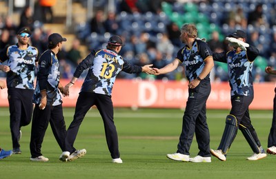 030625 - Glamorgan Cricket v Surrey - Vitality T20 Blast - Timm Van Der Gugten of Glamorgan celebrates with Tom Bevan of Glamorgan after Jason Roy is dismissed