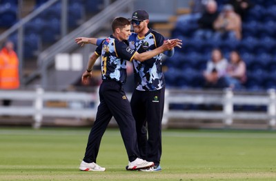 030625 - Glamorgan Cricket v Surrey - Vitality T20 Blast - Andy Gorvin of Glamorgan celebrates taking the wicket of Chris Jordan of Surrey