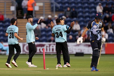 030625 - Glamorgan Cricket v Surrey - Vitality T20 Blast - Chris Jordan of Surrey celebrates taking the wicket of Asa Tribe of Glamorgan