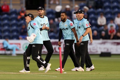 030625 - Glamorgan Cricket v Surrey - Vitality T20 Blast - Chris Jordan of Surrey celebrates taking the wicket of Asa Tribe of Glamorgan