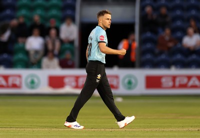 030625 - Glamorgan Cricket v Surrey - Vitality T20 Blast - Tom Curran of Surrey celebrates after Dan Douthwaite of Glamorgan is dismissed