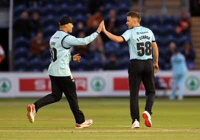030625 - Glamorgan Cricket v Surrey - Vitality T20 Blast - Tom Curran of Surrey celebrates after Dan Douthwaite of Glamorgan is dismissed