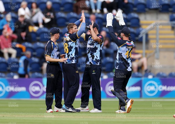030625 - Glamorgan Cricket v Surrey - Vitality T20 Blast - Dan Douthwaite of Glamorgan celebrates after Ollie Pope was caught by Andy Gorvin