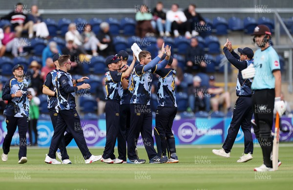 030625 - Glamorgan Cricket v Surrey - Vitality T20 Blast - Dan Douthwaite of Glamorgan celebrates after Ollie Pope was caught by Andy Gorvin