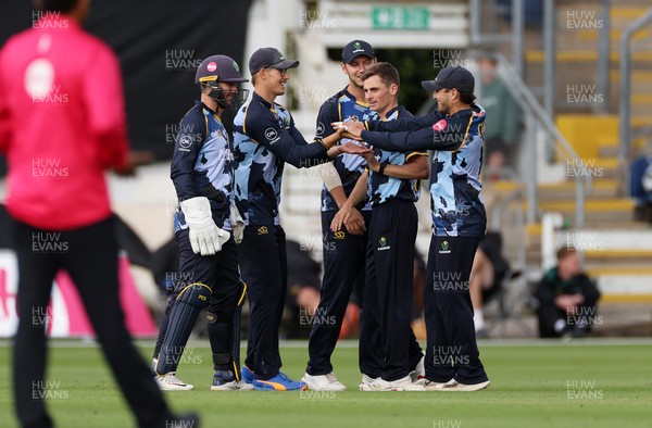 030625 - Glamorgan Cricket v Surrey - Vitality T20 Blast - Asa Tribe of Glamorgan celebrates the wicket Sam Curran off the bowling of Andy Gorvin