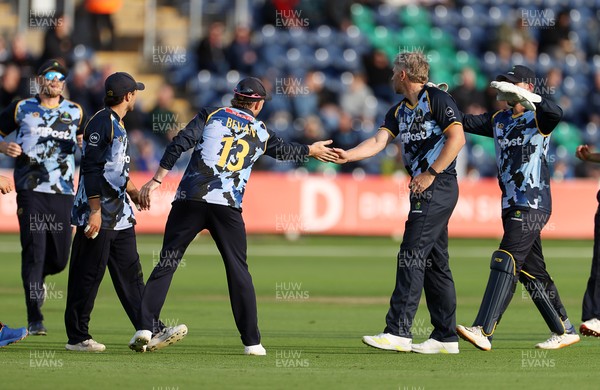 030625 - Glamorgan Cricket v Surrey - Vitality T20 Blast - Timm Van Der Gugten of Glamorgan celebrates with Tom Bevan of Glamorgan after Jason Roy is dismissed