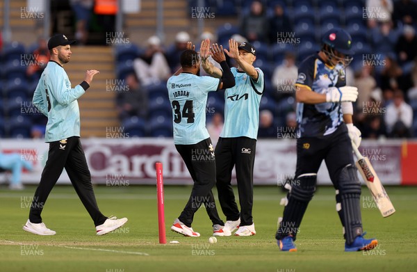 030625 - Glamorgan Cricket v Surrey - Vitality T20 Blast - Chris Jordan of Surrey celebrates taking the wicket of Asa Tribe of Glamorgan