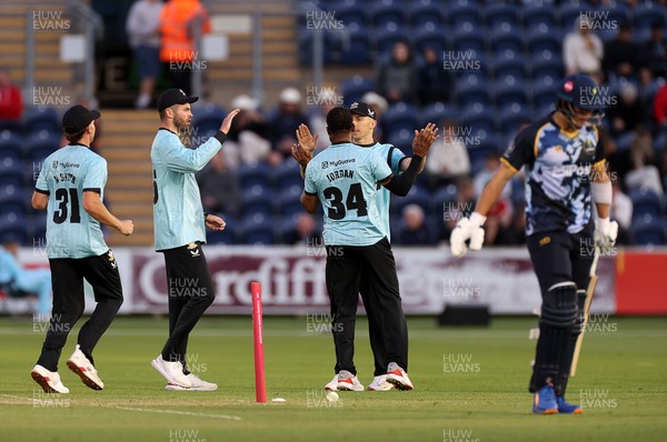 030625 - Glamorgan Cricket v Surrey - Vitality T20 Blast - Chris Jordan of Surrey celebrates taking the wicket of Asa Tribe of Glamorgan
