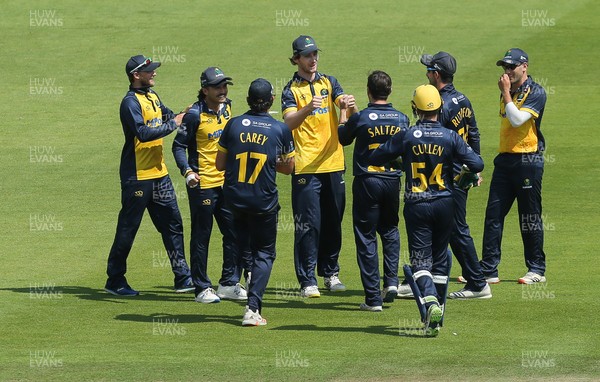 030821 - Glamorgan v Surrey, Royal London One Day Cup - Nick Selman of Glamorgan is congratulated after he catches Tim David of Surrey off the bowling of Andrew Salter
