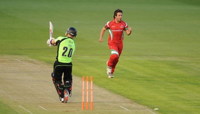 09.07.10 - Glamorgan Dragons v Surrey Lions - Friends Provident Twenty20 - Chris Ashling of Glamorgan celebrates taking the wicket of Jason Roy of Surrey. 