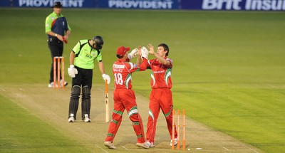 09.07.10 - Glamorgan Dragons v Surrey Lions - Friends Provident Twenty20 - James Harries of Glamorgan celebrates the wicket of Andre Nel of Surrey. 