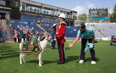 110819 - Glamorgan v Surrey, Vitality Blast - Imran Tahir of Surrey meets Shenkin the mascot of the 3rd Battalion The Royal Welsh Regiment as he prepares to lead the teams out at the start of the match