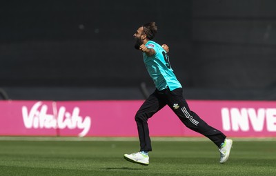 110819 - Glamorgan v Surrey, Vitality Blast - Imran Tahir of Surrey celebrates after he takes the wicket of Shaun Marsh of Glamorgan