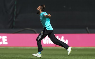 110819 - Glamorgan v Surrey, Vitality Blast - Imran Tahir of Surrey celebrates after he takes the wicket of Shaun Marsh of Glamorgan