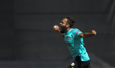 110819 - Glamorgan v Surrey, Vitality Blast - Imran Tahir of Surrey celebrates after he takes the wicket of Shaun Marsh of Glamorgan