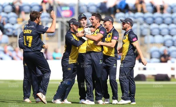 110819 - Glamorgan v Surrey, Vitality Blast - Ruaidhri Smith of Glamorgan celebrates taking the wicket of Aaron Finch of Surrey as he is caught by Chris Cooke of Glamorgan