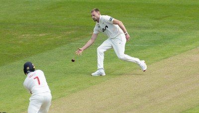 190626 - Glamorgan v Surrey, Rothesay County Championship Division 1- Gus Atkinson of Surrey bowls against Glamorgan at Sophia Gardens