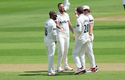 190626 - Glamorgan v Surrey, Rothesay County Championship Division 1- Jordan Clark of Surrey celebrates as he dismissed Timm van der Gugten of Glamorgan lbw