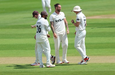 190626 - Glamorgan v Surrey, Rothesay County Championship Division 1- Jordan Clark of Surrey celebrates as he dismissed Timm van der Gugten of Glamorgan lbw