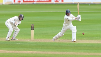 190626 - Glamorgan v Surrey, Rothesay County Championship Division 1- Mason Crane of Glamorgan  plays a shot