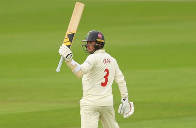 190626 - Glamorgan v Surrey, Rothesay County Championship Division 1- Mason Crane of Glamorgan celebrates his 50