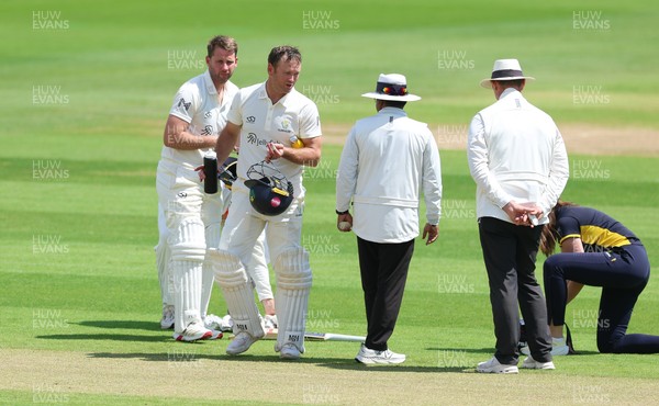 190626 - Glamorgan v Surrey, Rothesay County Championship Division 1- Colin Ingram of Glamorgan receives treatment to a hand injury before being forced to retire Not Out