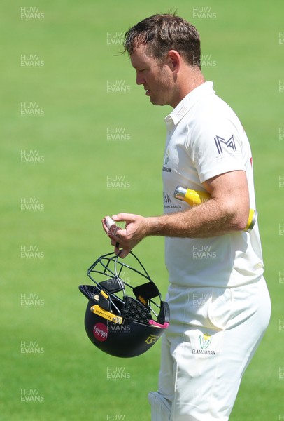 190626 - Glamorgan v Surrey, Rothesay County Championship Division 1- Colin Ingram of Glamorgan receives treatment to a hand injury before being forced to retire Not Out