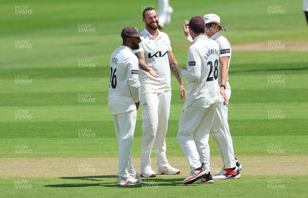 190626 - Glamorgan v Surrey, Rothesay County Championship Division 1- Jordan Clark of Surrey celebrates as he dismissed Timm van der Gugten of Glamorgan lbw