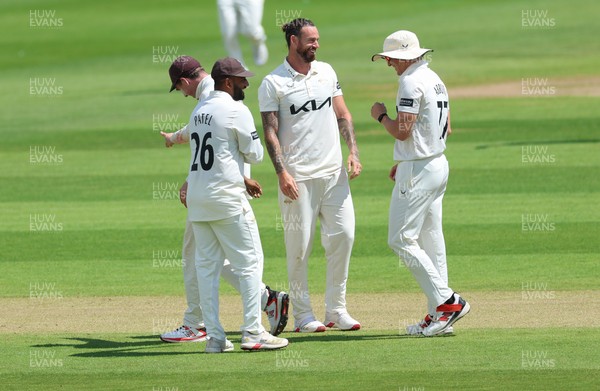 190626 - Glamorgan v Surrey, Rothesay County Championship Division 1- Jordan Clark of Surrey celebrates as he dismissed Timm van der Gugten of Glamorgan lbw