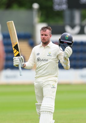 200626 - Glamorgan v Surrey, Rothesay County Championship Division 1- Mason Crane of Glamorgan acknowledges his team mates at the supporters as he leaves the field after he is bowled by Dan Lawrence of Surrey for 106