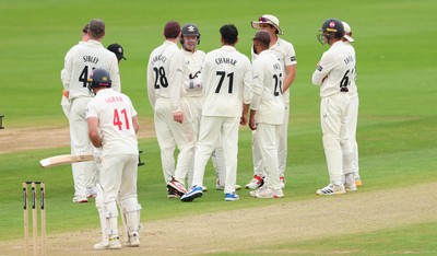 200626 - Glamorgan v Surrey, Rothesay County Championship Division 1- Rahul Chahar of Surrey celebrates after taking the wicket of Tom Norton of Glamorgan