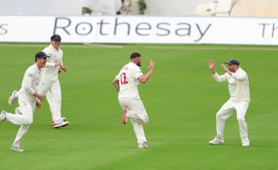 200626 - Glamorgan v Surrey, Rothesay County Championship Division 1- Tom Norton  of Glamorgan celebrates after taking the wicket of Sam Curran of Surrey