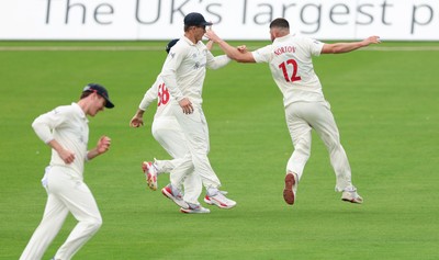 200626 - Glamorgan v Surrey, Rothesay County Championship Division 1- Tom Norton  of Glamorgan celebrates after taking the wicket of Sam Curran of Surrey