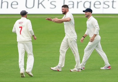 200626 - Glamorgan v Surrey, Rothesay County Championship Division 1- Tom Norton  of Glamorgan celebrates after taking the wicket of Sam Curran of Surrey