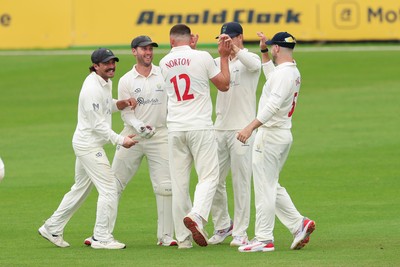 200626 - Glamorgan v Surrey, Rothesay County Championship Division 1- Tom Norton  of Glamorgan celebrates after taking the wicket of Dan Lawrence of Surrey
