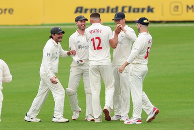 200626 - Glamorgan v Surrey, Rothesay County Championship Division 1- Tom Norton  of Glamorgan celebrates after taking the wicket of Dan Lawrence of Surrey