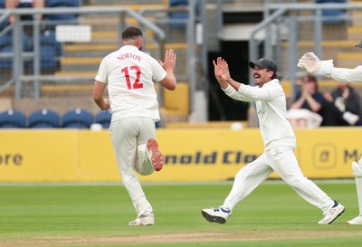 200626 - Glamorgan v Surrey, Rothesay County Championship Division 1- Tom Norton  of Glamorgan celebrates after taking the wicket of Ollie Pope of Surrey