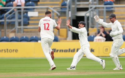 200626 - Glamorgan v Surrey, Rothesay County Championship Division 1- Tom Norton  of Glamorgan celebrates after taking the wicket of Ollie Pope of Surrey