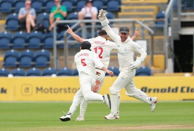 200626 - Glamorgan v Surrey, Rothesay County Championship Division 1- Tom Norton  of Glamorgan celebrates after taking the wicket of Ollie Pope of Surrey
